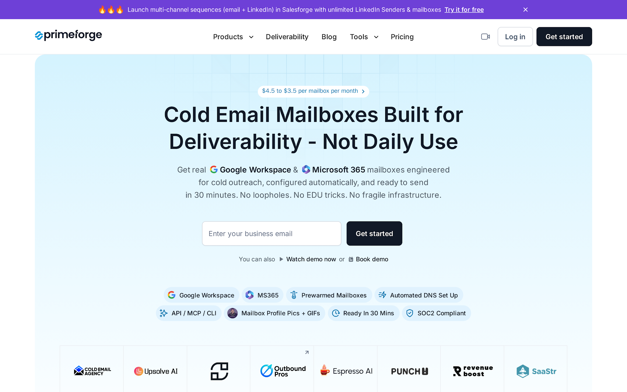 Primeforge homepage for Google and Microsoft mailbox infrastructure