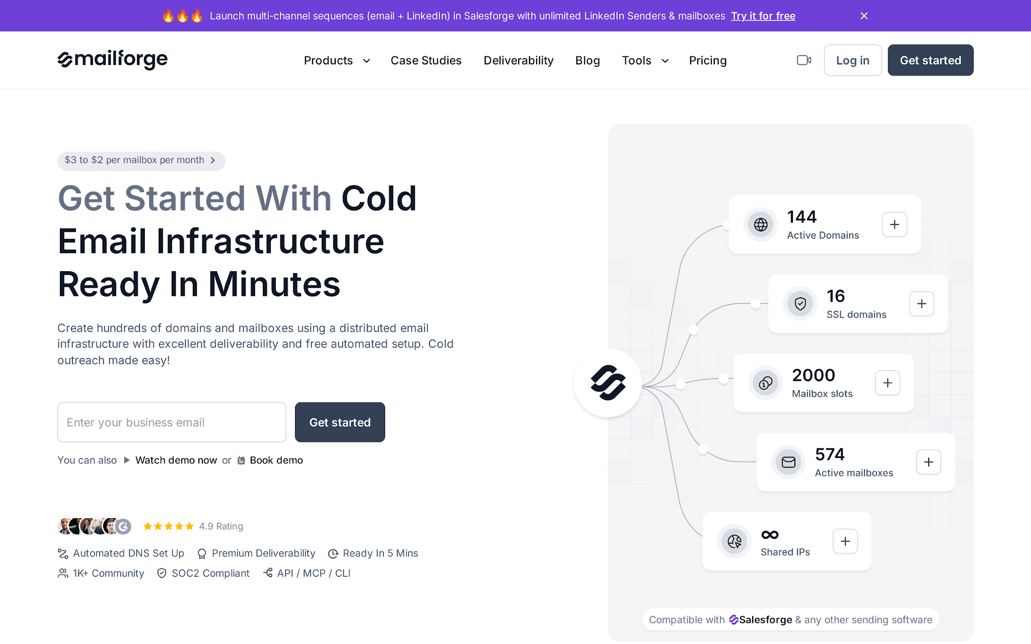 Mailforge homepage for shared cold email infrastructure