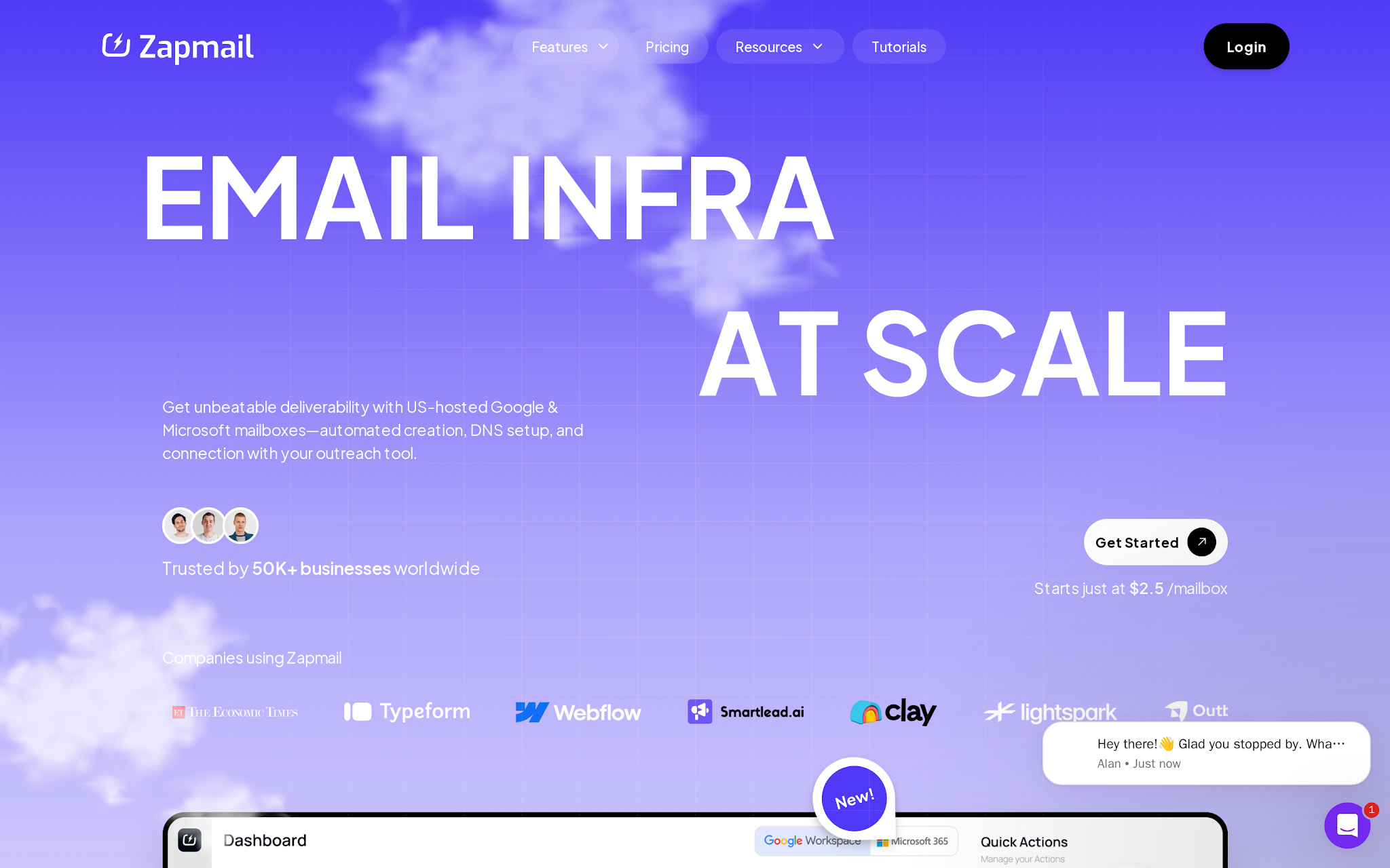 Zapmail homepage for pre-warmed mailbox packs