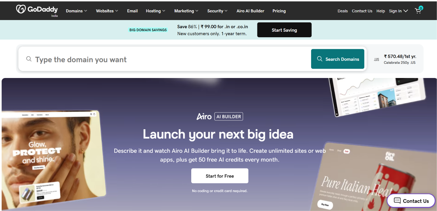 GoDaddy homepage