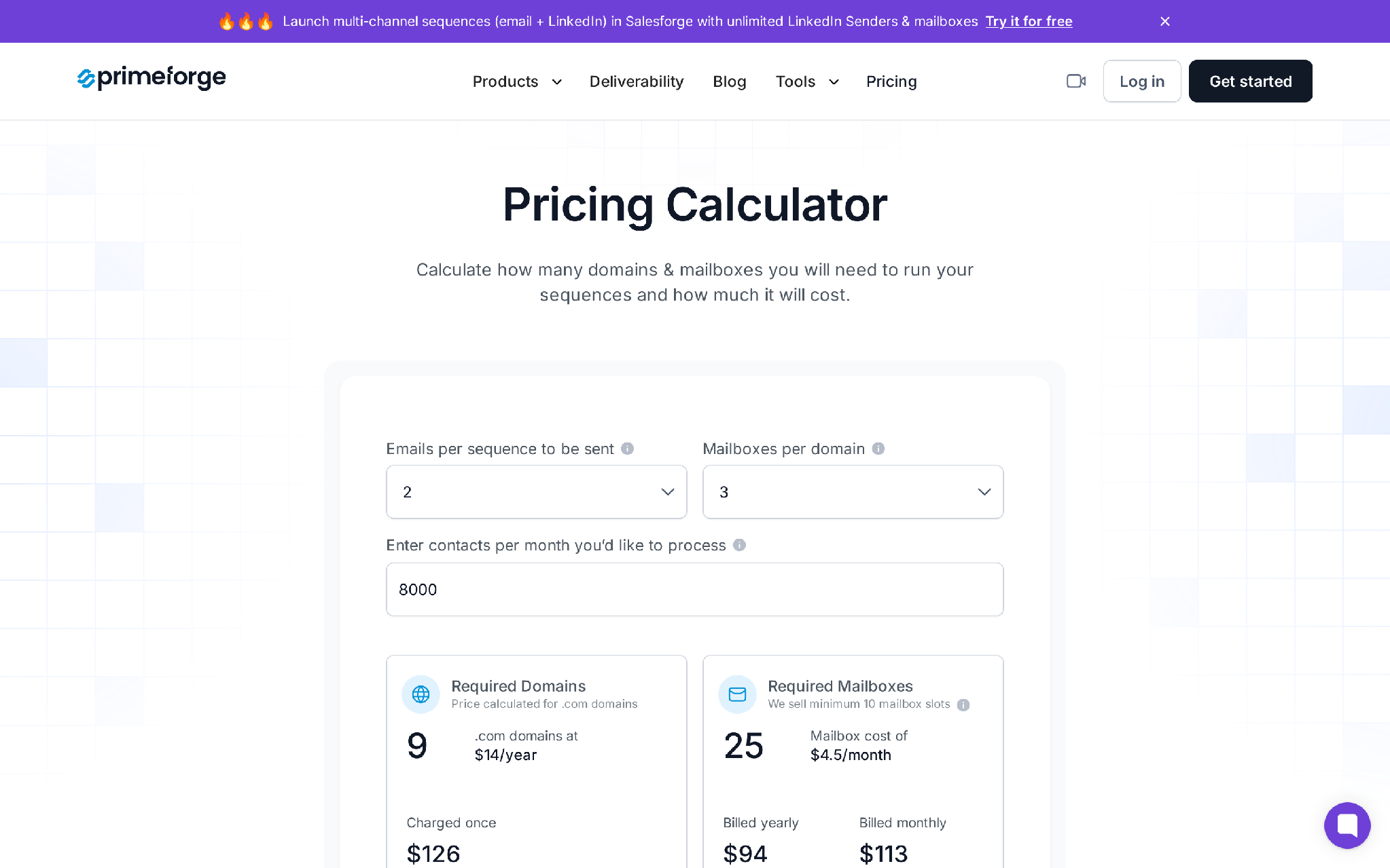 Primeforge pricing calculator for Google Workspace and Microsoft 365 mailboxes