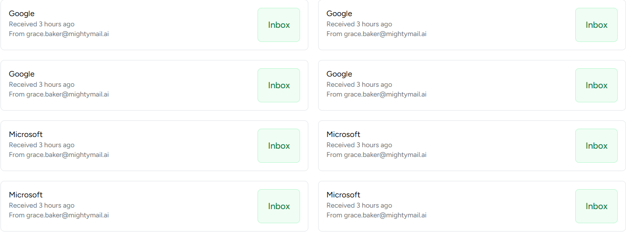 MightyMail inbox placement results showing emails reaching Google and Microsoft inboxes.