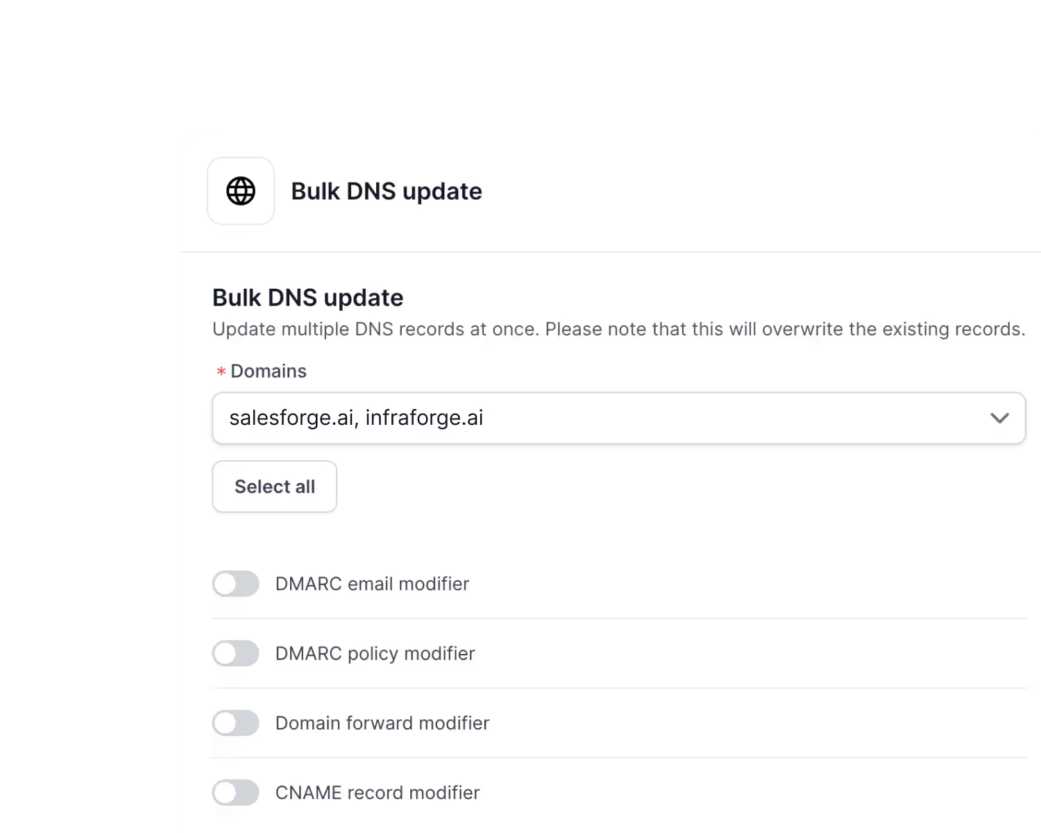Bulk DNS Update in Mailforge