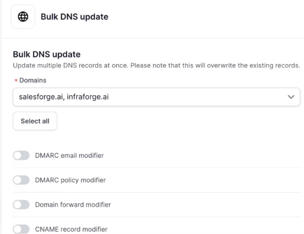 Bulk DNS update by Mailforge