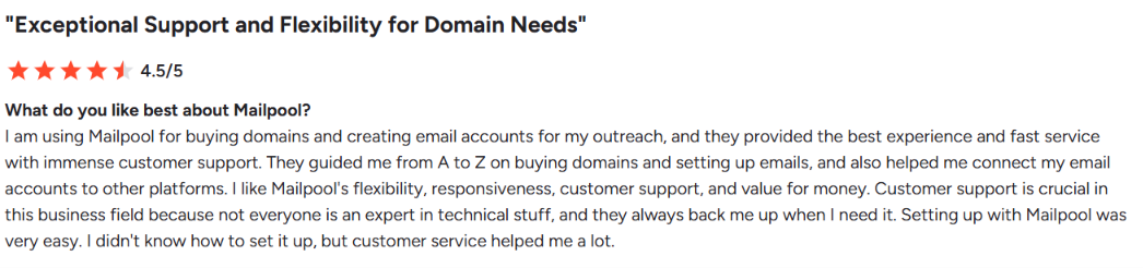 Mailpool G2 user review about support and domain