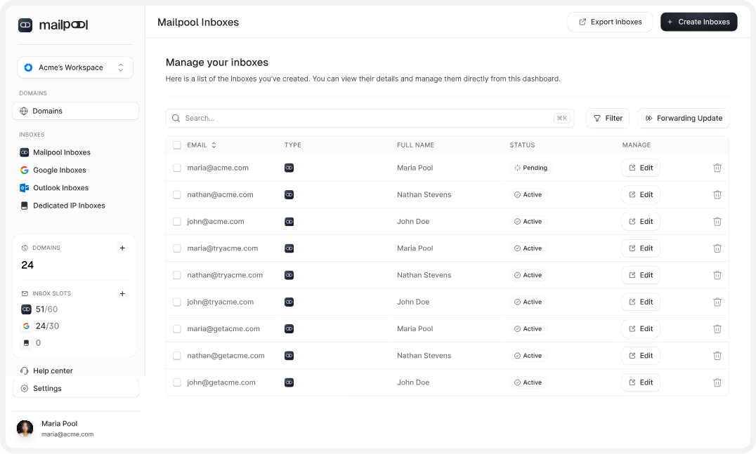 Mailpool inboxes dashboard on Mailpool