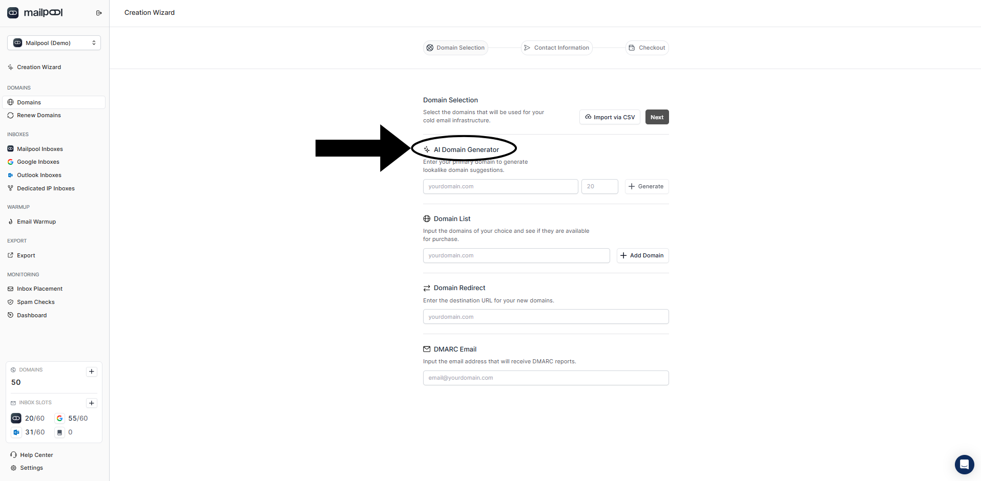 Use AI Domain Generator on Mailpool