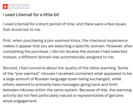 LiteMail Trustpilot review about getting different domain