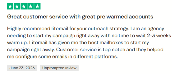 LiteMail Trustpilot review about pre warmed inboxes and support