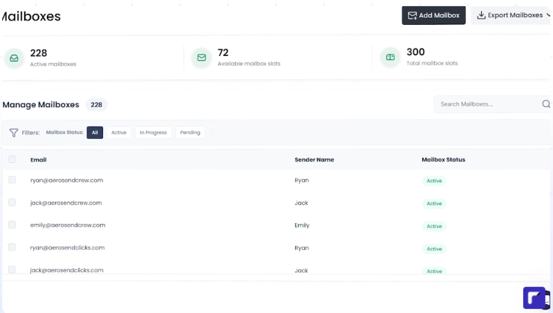 Manage mailboxes on AeroSend