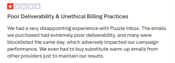 Puzzle Inbox TrustPilot review about deliverability