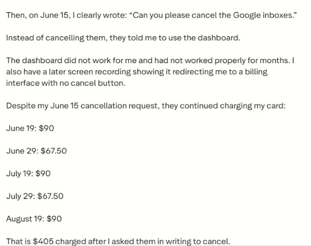Puzzle Inbox trustpilot review about dashboard and cancellation dispute