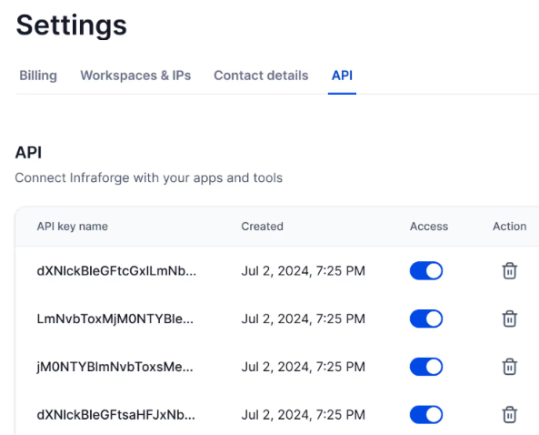 Infraforge API dashboard