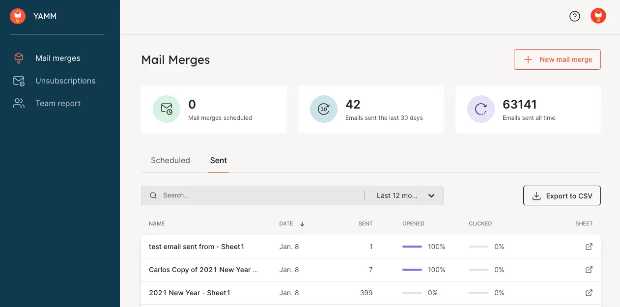 YAMM mail merges dashboard
