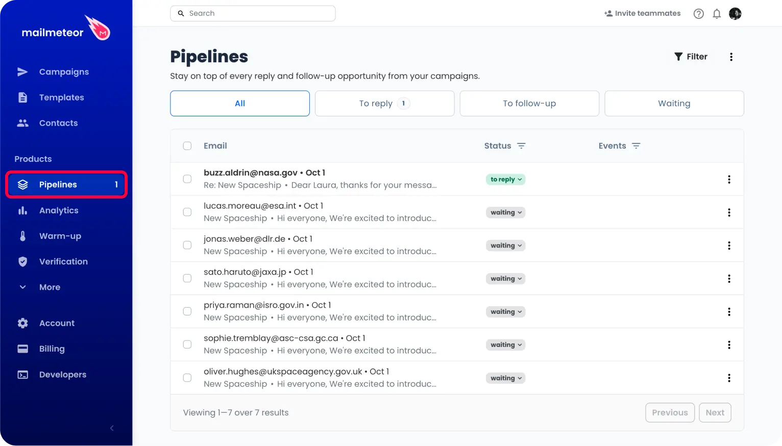 Mailmeteor pipelines dashboard