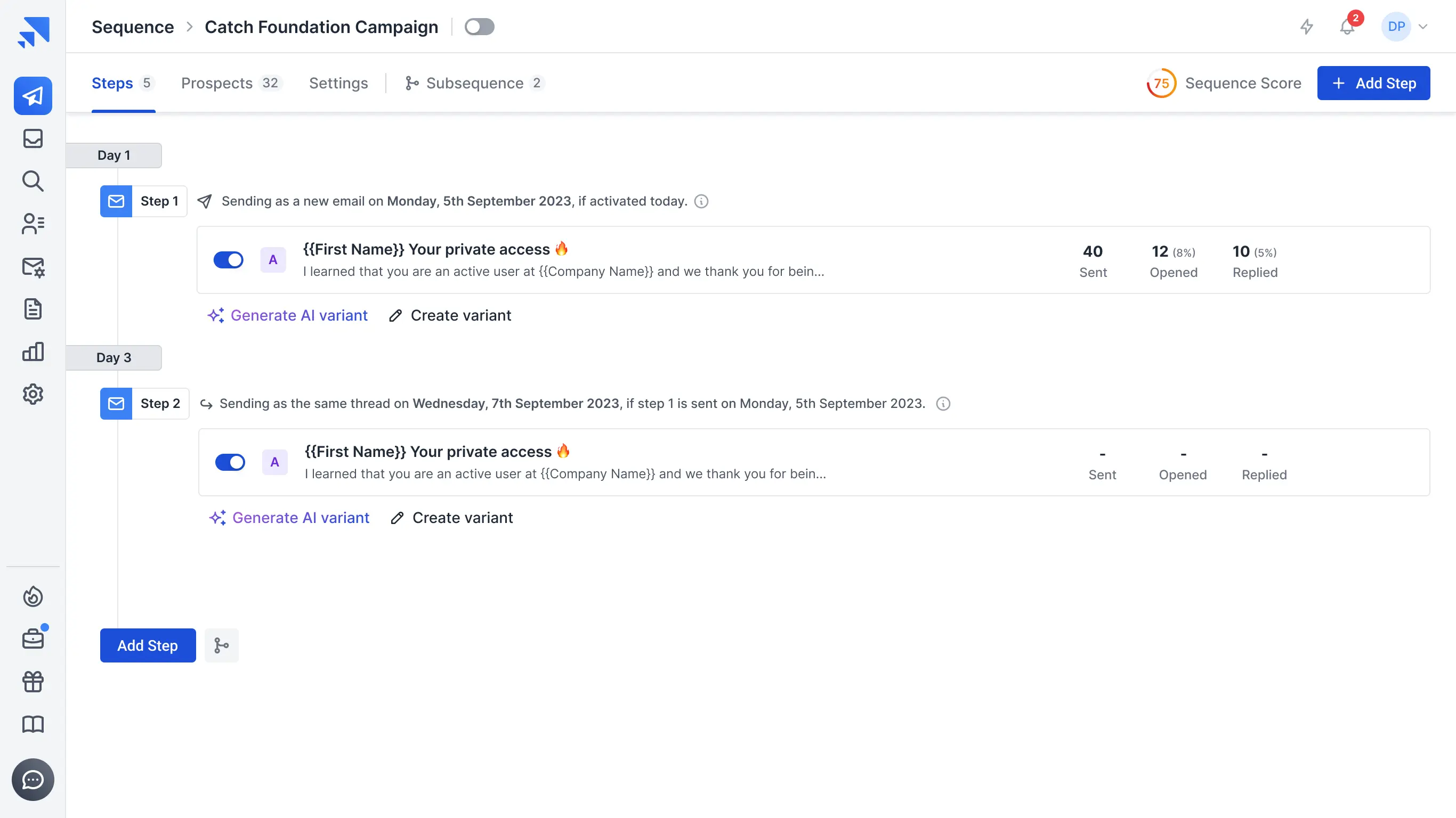Saleshandy sequence steps dashboard