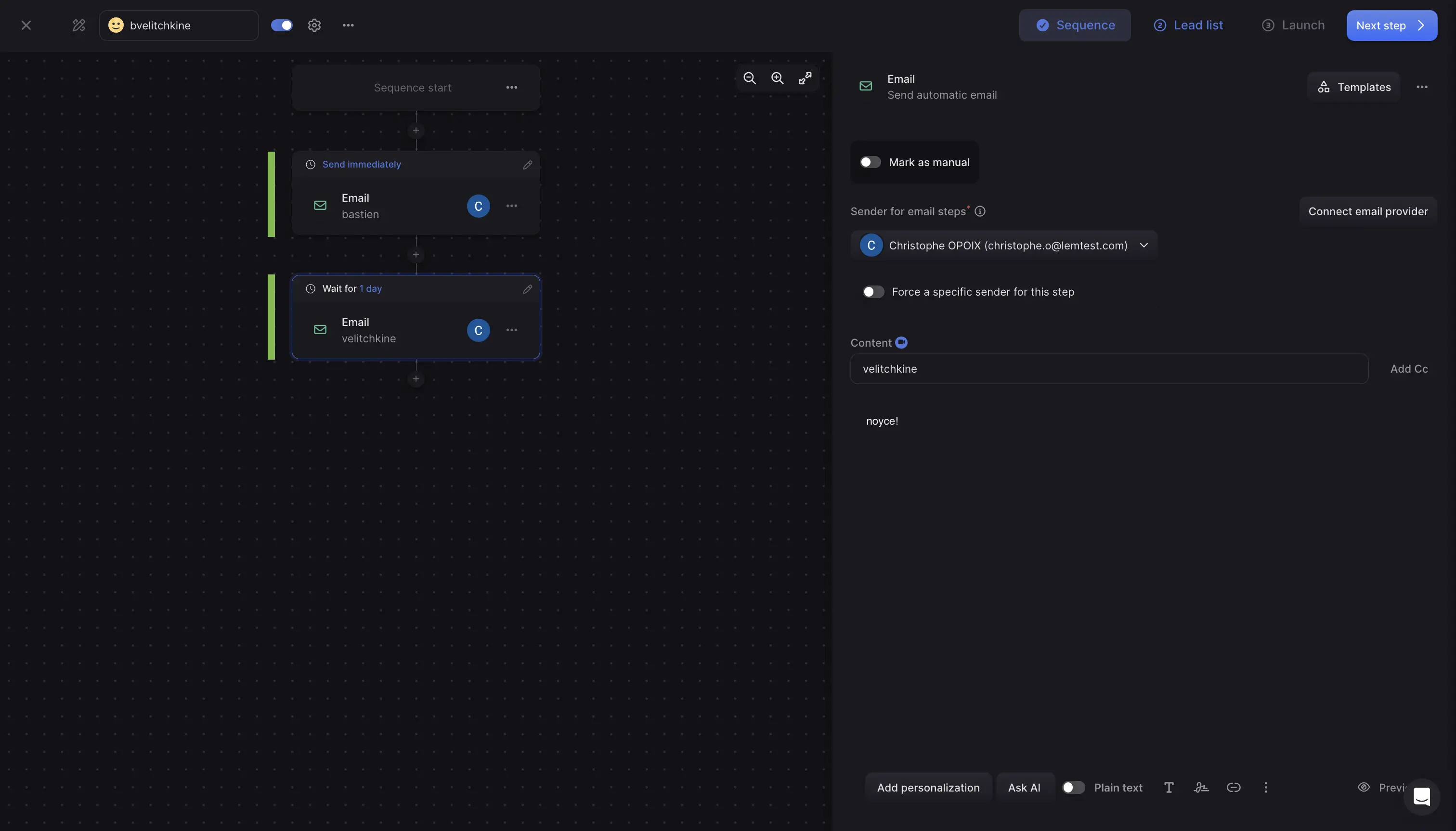 Lemlist sequence builder dashboard