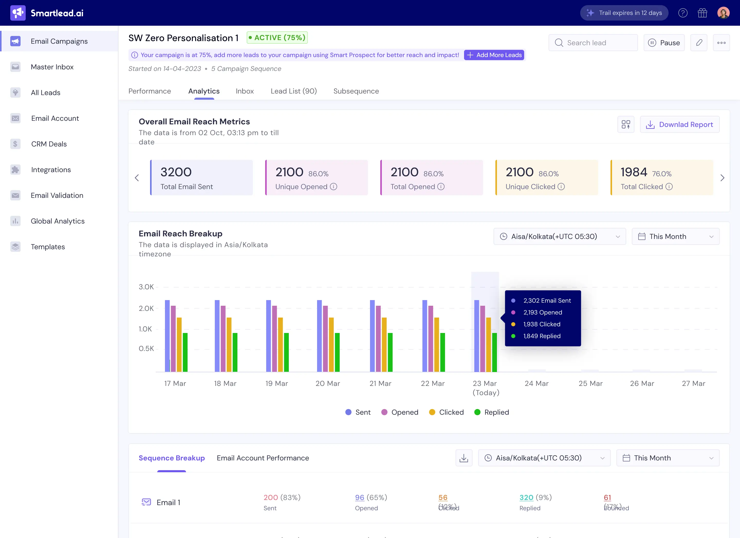 Smartlead campaign analytics dashboard