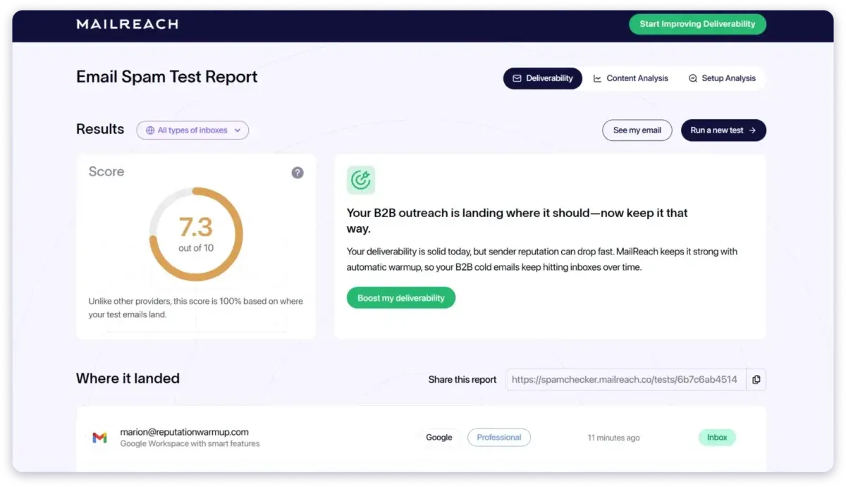 MailReach email spam test report