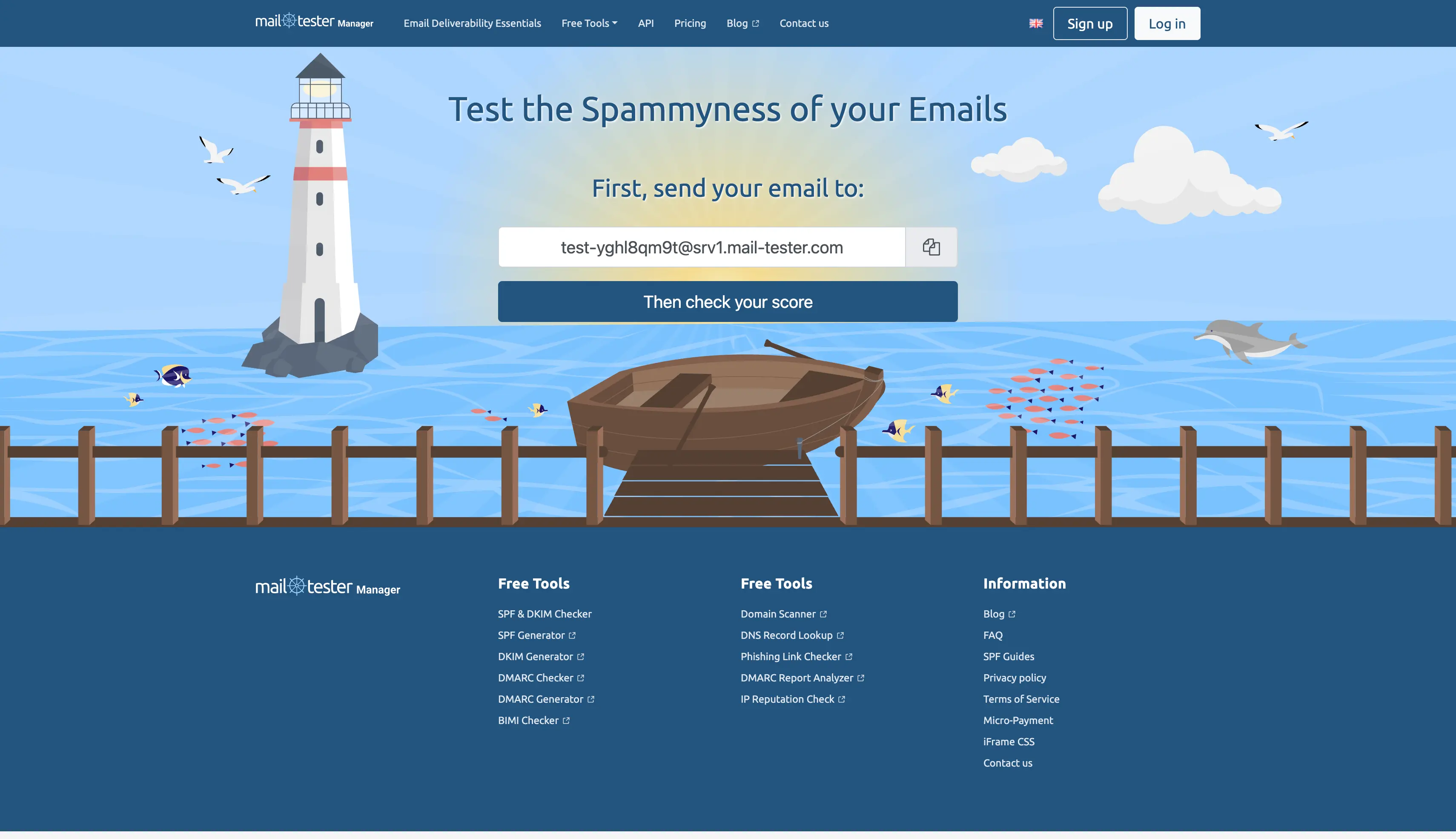 Mail-Tester spam test page with a unique test address