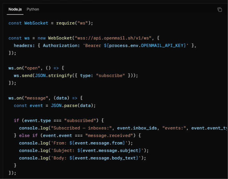 Connect, subscribe, and log incoming events on WebSocket