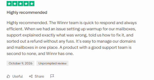 Winner App user review about customer support