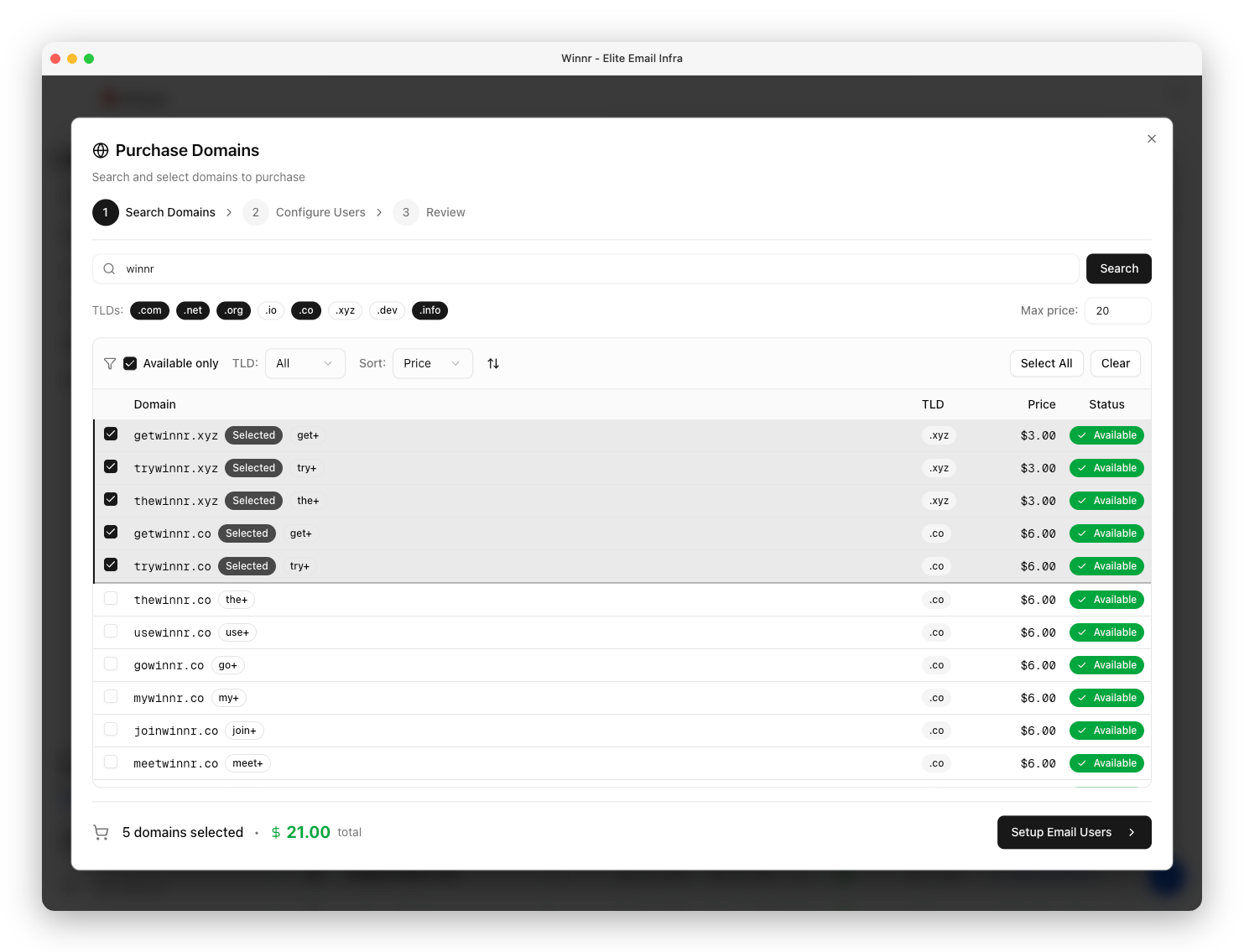 Purchase your domains through Winnr App