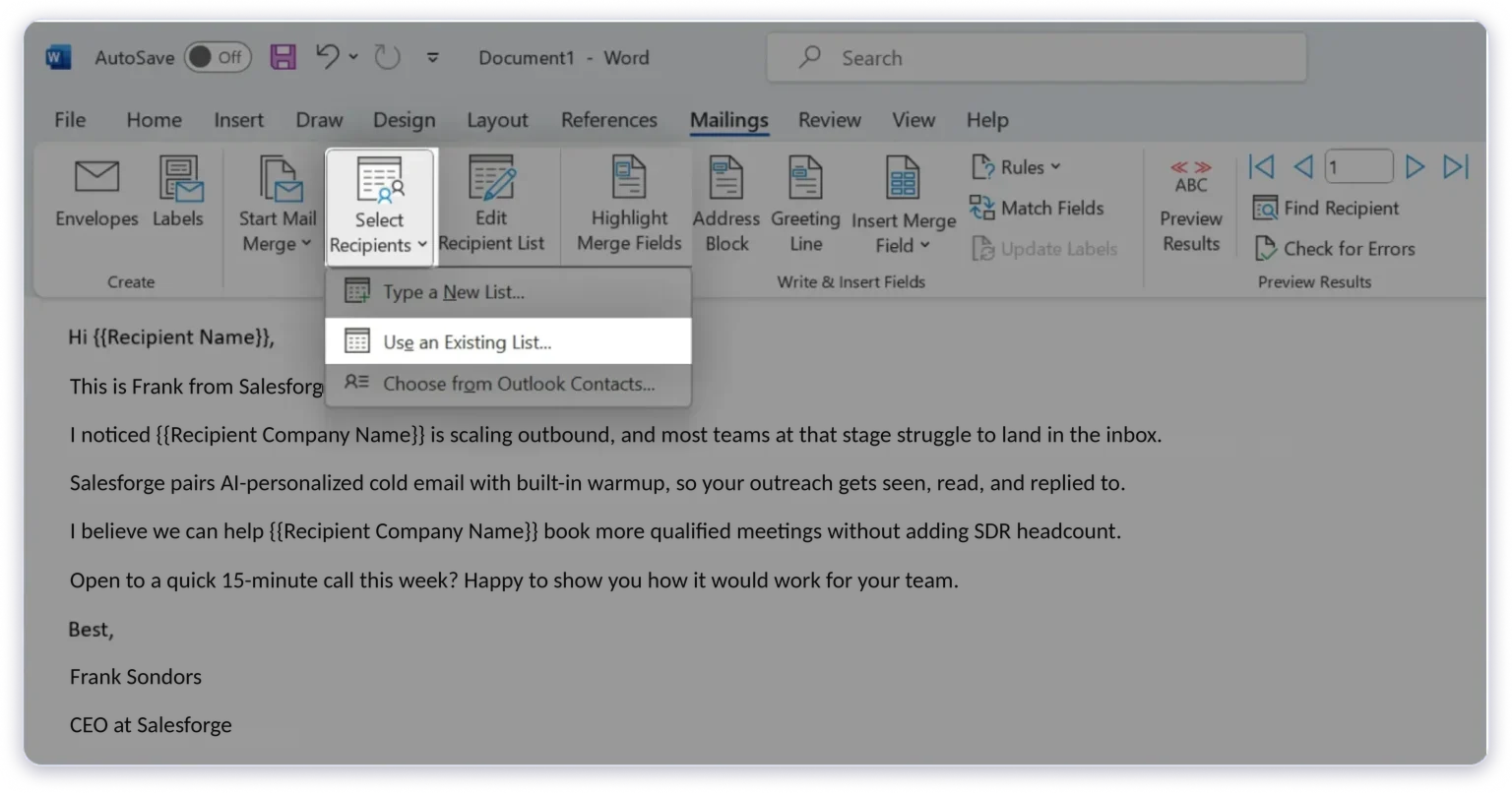 Step 3: Connect Your Excel Mailing List to Word