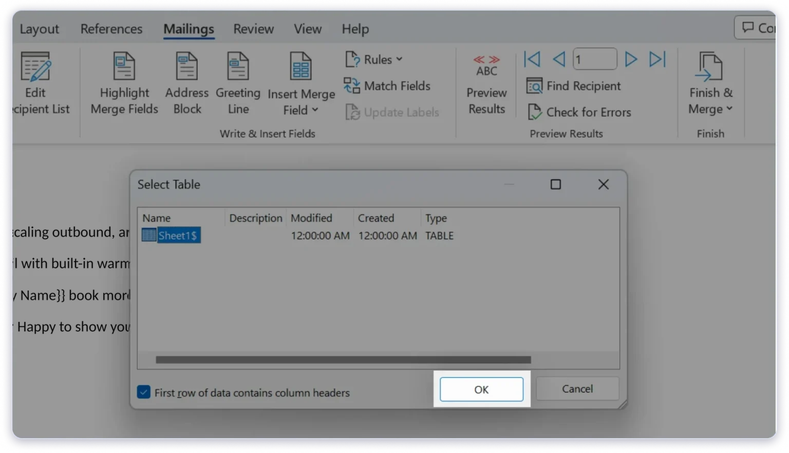 Step 3: Connect Your Excel Mailing List to Word