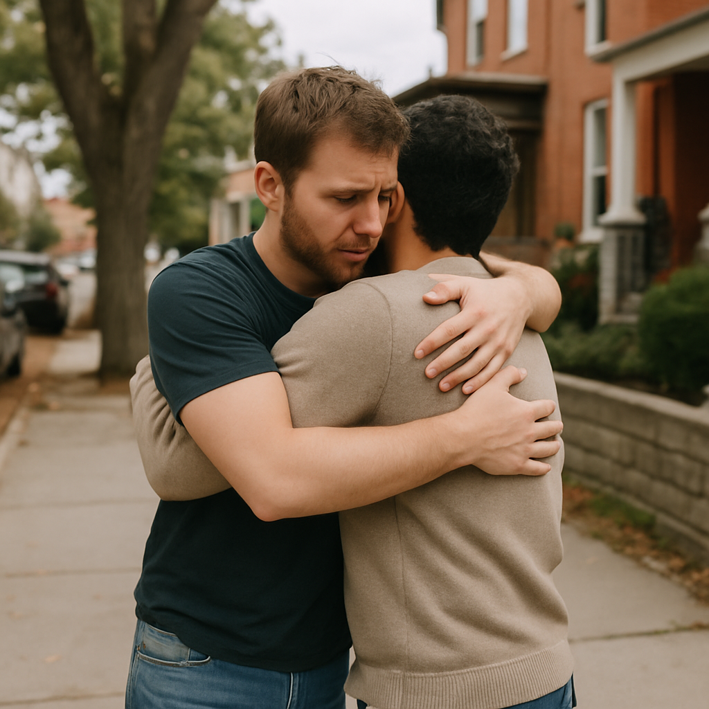 Zwei Freunde umarmen sich tröstend auf einer Straße im Wohnviertel – spontane Unterstützung in schwierigen Zeiten
