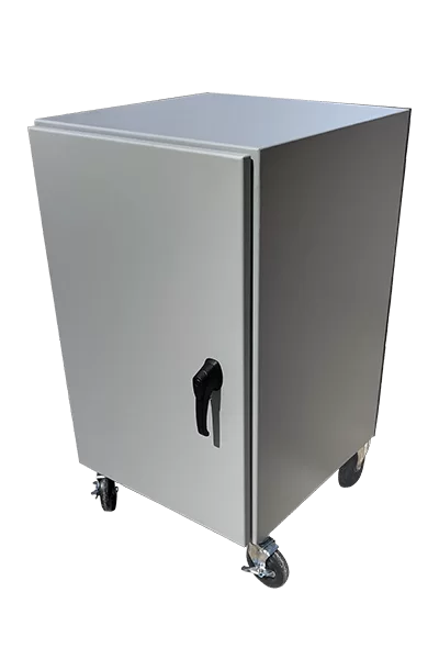 Gray powder-coated mobile wheels NEMA 4X enclosure