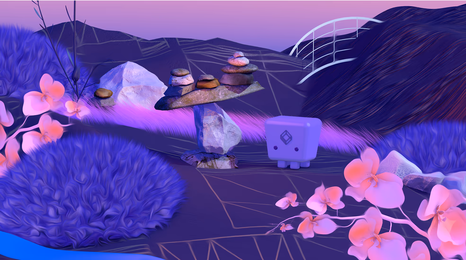 Kubeshop 3D brand world — Testkube mascot in mountain cloudscape