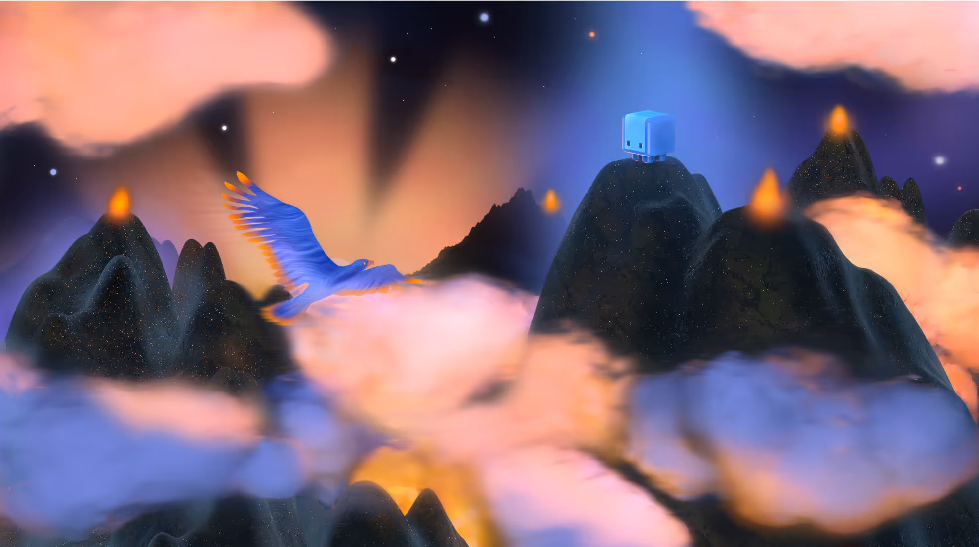 Kubeshop 3D brand world — Botkube mascot in warm desert landscape