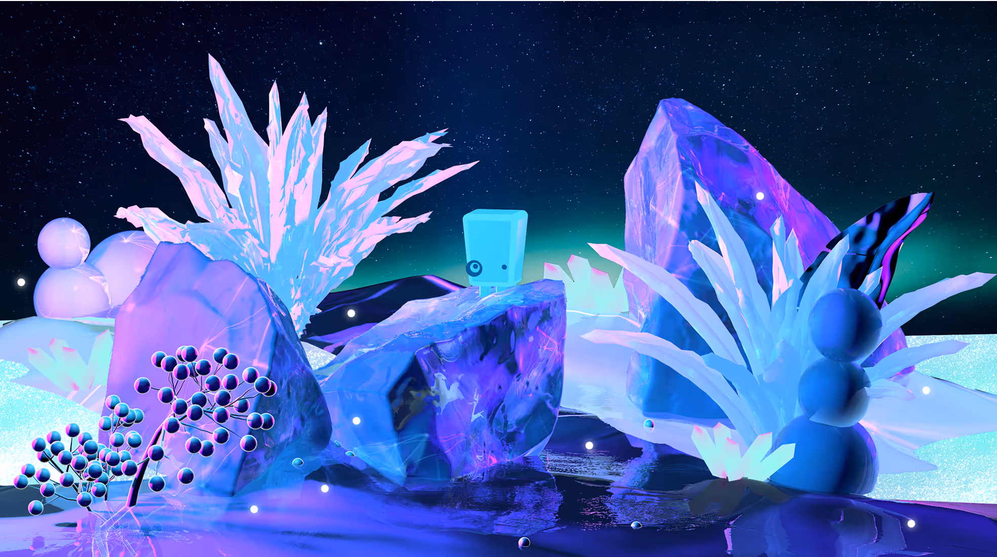 Kubeshop 3D brand world — Monokle mascot in frozen crystal landscape