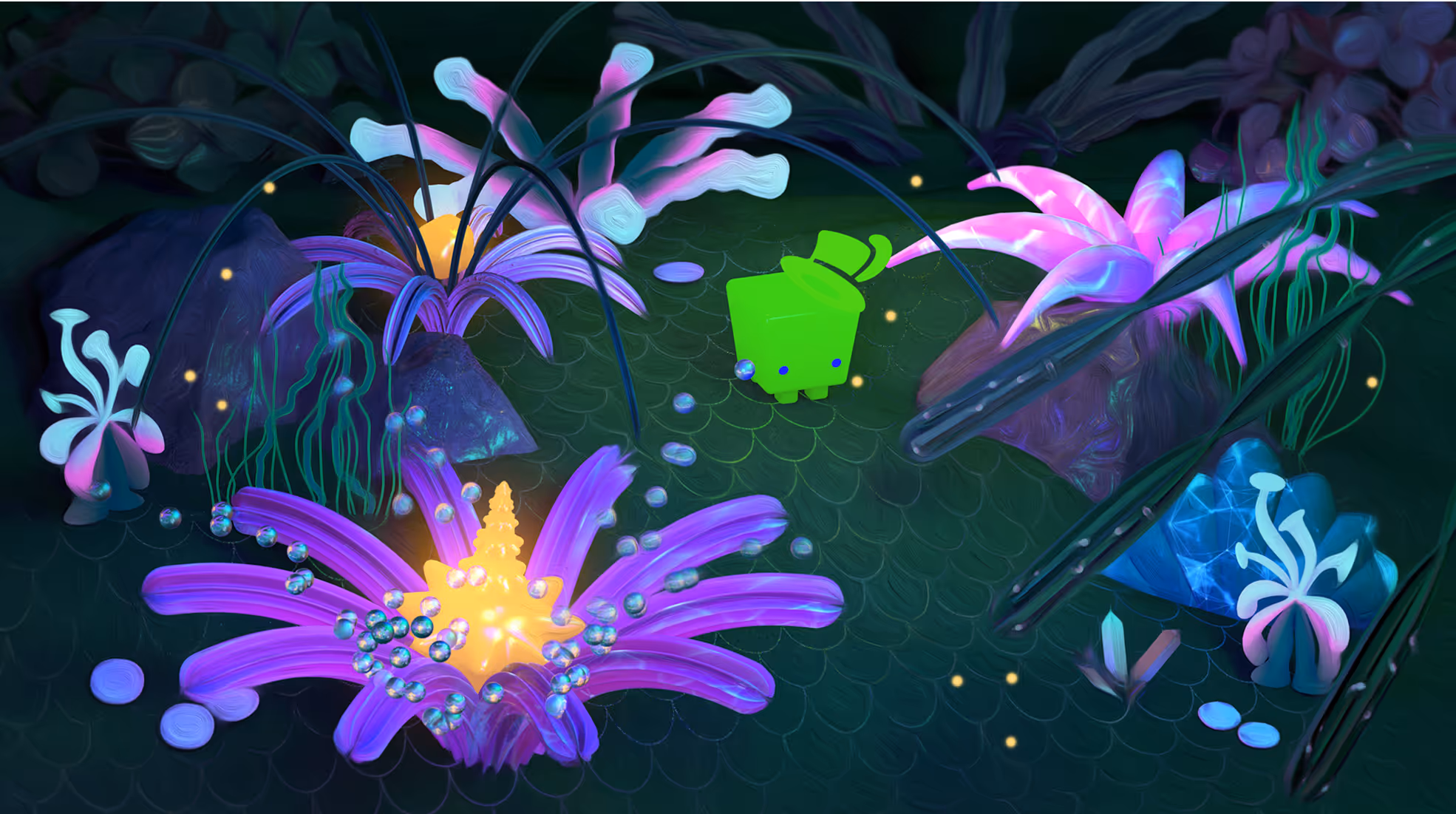 Kubeshop 3D brand world — Kusk mascot in space environment with planet