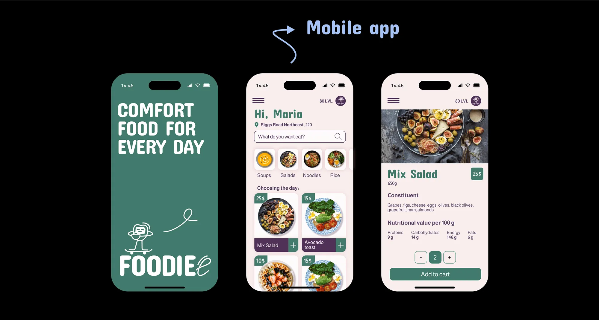 Foodiee mobile app screens — comfort food splash, menu with categories, and Mix Salad product detail