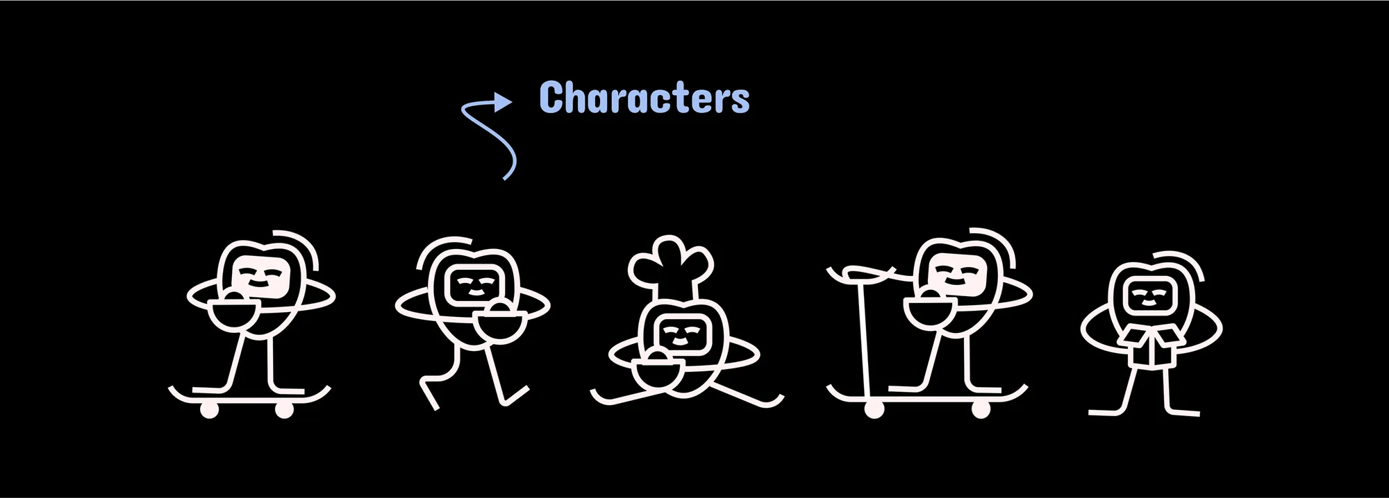 Foodiee mascot character variations — six poses with different expressions and accessories