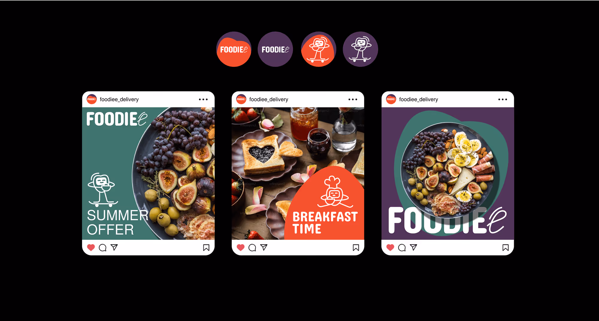 Foodiee social media posts — Summer Offer, Breakfast Time, and branded content for Instagram