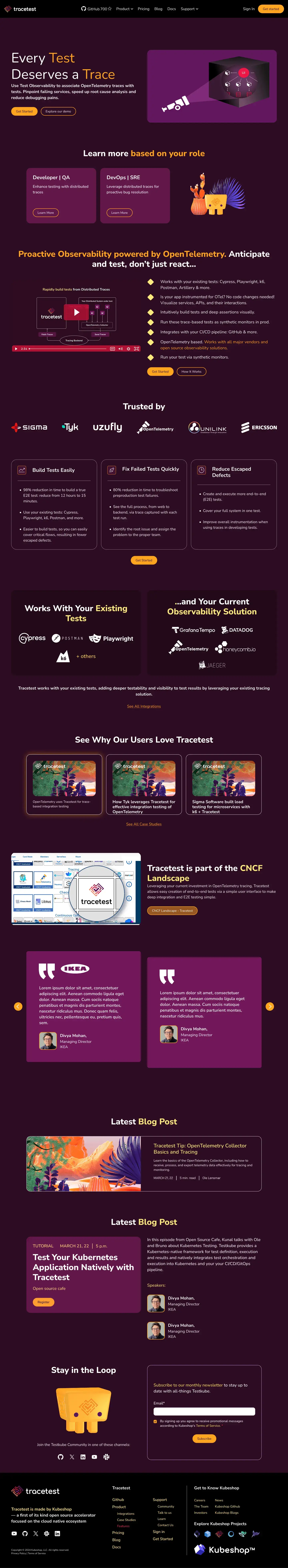 Tracetest website design — cloud-native testing platform homepage