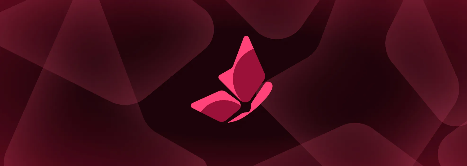 Colony butterfly logomark — brand mark on dark maroon abstract background