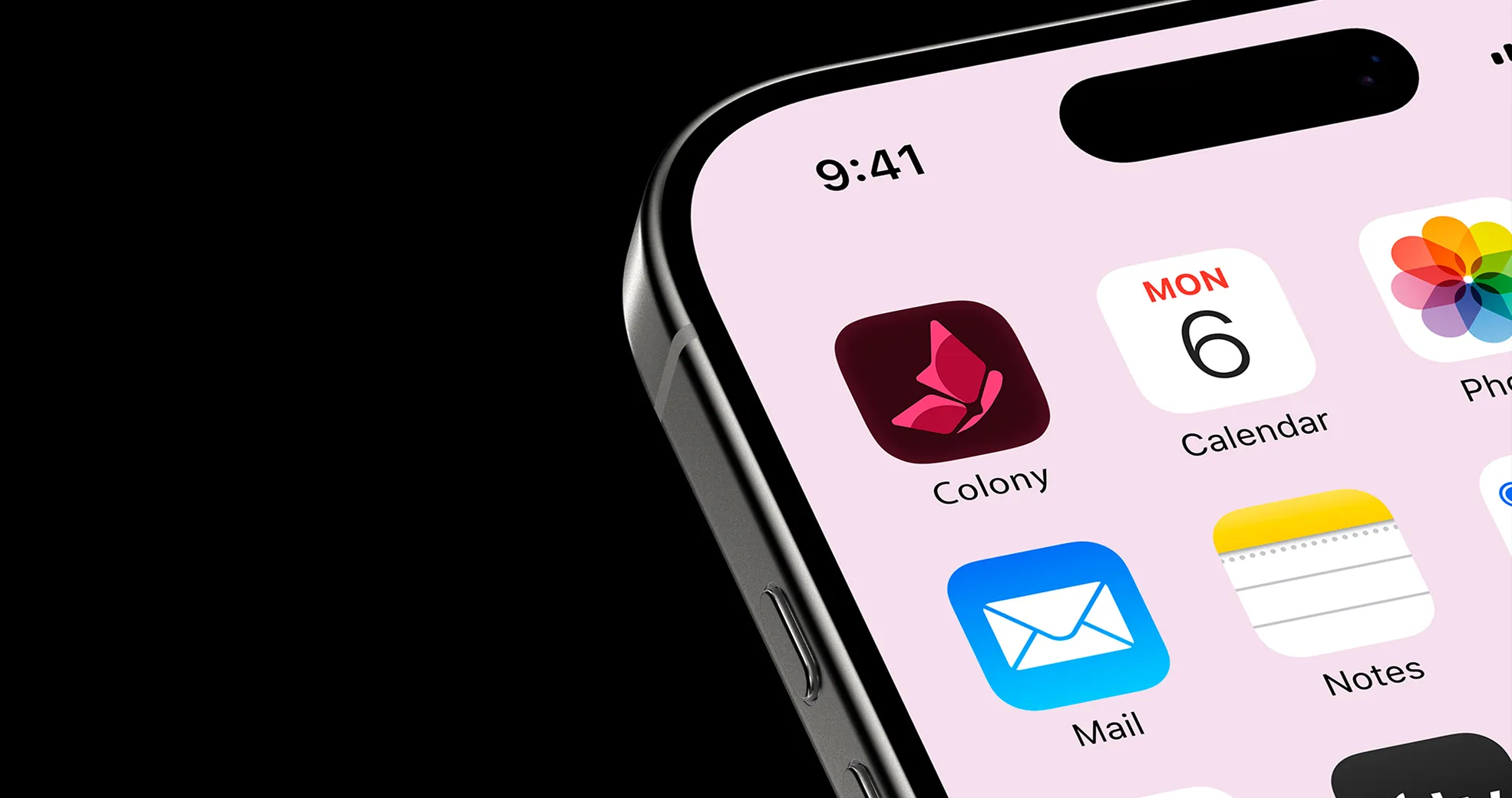 Colony logo construction and app icon — butterfly mark on iPhone home screen