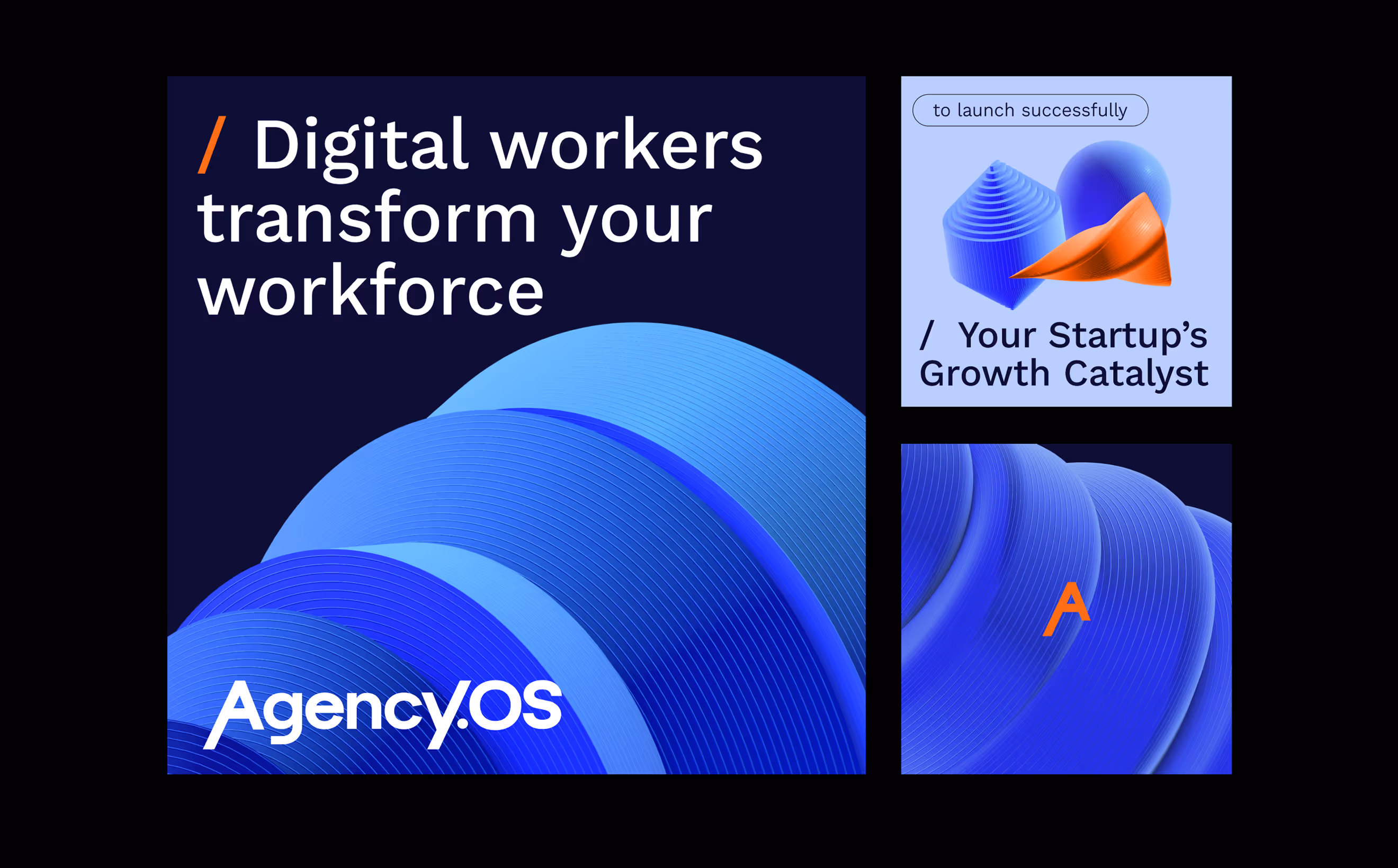 Agency.OS brand collateral — website and social media designs with 3D elements