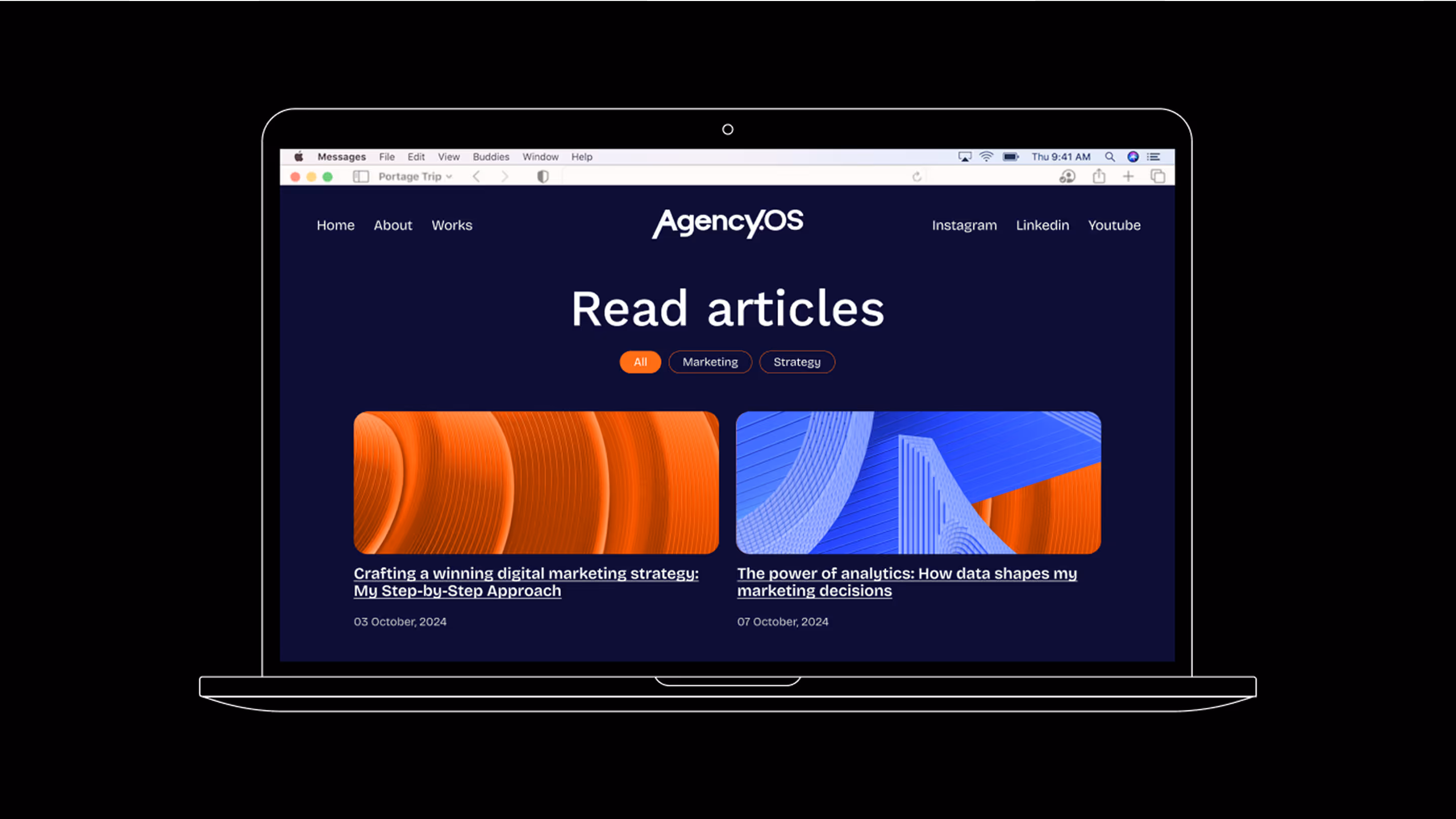 Agency.OS website design — articles page on laptop