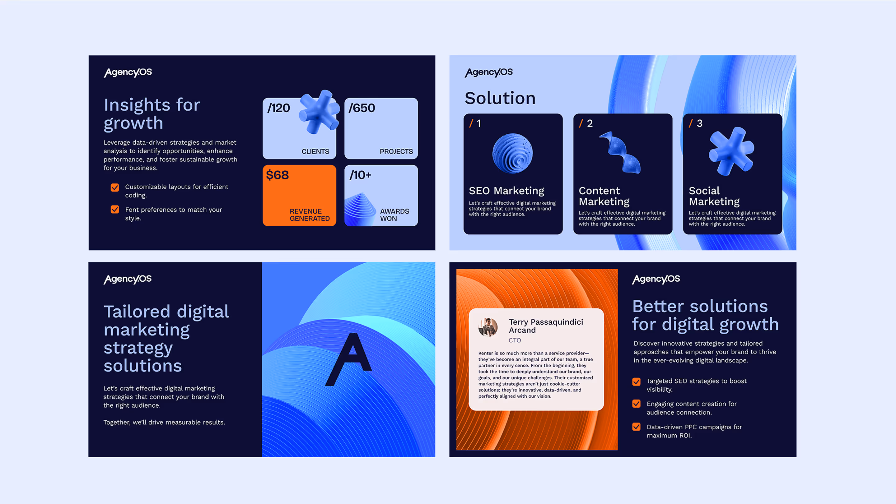 Agency.OS presentation designs — service and solution slide layouts
