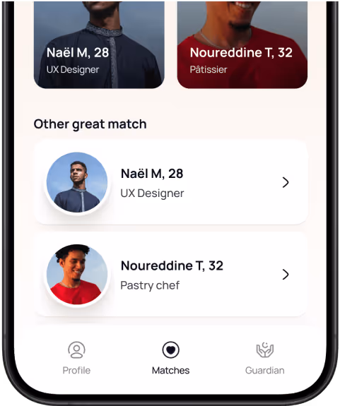 Mobile app screen showing user matches with profiles of Naël M, 28, UX Designer, and Noureddine T, 32, Pastry Chef, with navigation icons at the bottom.