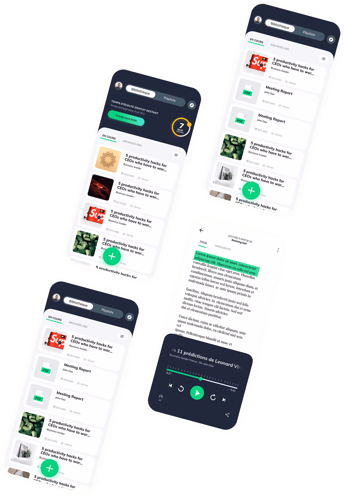 Four smartphone screens showing a productivity app with playlists, articles, and an audio player interface.