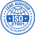 ISO 27001 Lead Auditor certification badge with a globe and stars symbol.