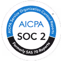 AICPA SOC 2 certification badge with a blue circular border and white center text.
