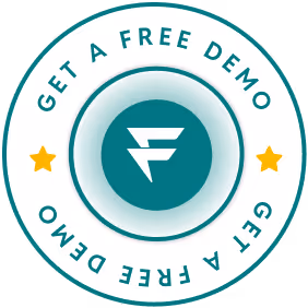 Circular badge with a stylized F logo in the center and the phrase Get a Free Demo repeated around the edge with two yellow stars.