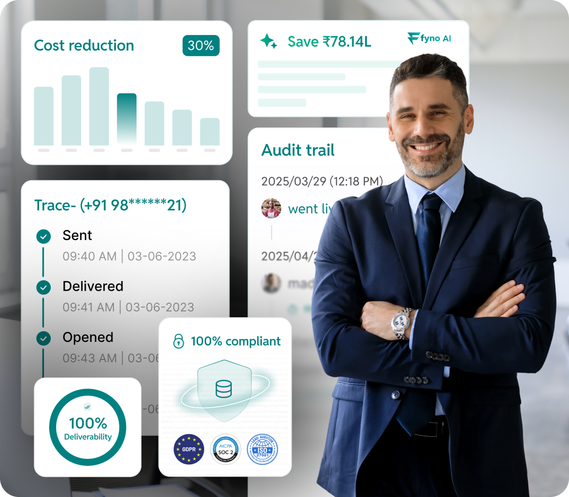 Smiling businessman in a navy suit standing with arms crossed next to digital business analytics showing cost reduction, deliverability status, compliance certifications, and audit trail details.
